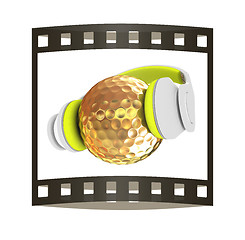 Image showing Gold Golf Ball With headphones. 3d illustration. The film strip.