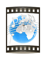 Image showing music notes  background. 3D illustration. The film strip.