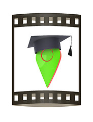 Image showing Geo pin with graduation hat on white. School sign, geolocation a