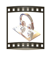 Image showing Smartphone with headphones. Chrome icon. 3d illustration. The fi