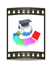 Image showing Earth of education with books around and graduation hat. Global 