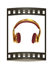 Image showing Golden headphones. 3d illustration. The film strip.