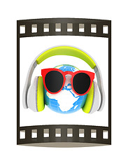 Image showing Earth planet with earphones and sunglasses. 3d illustration. The