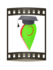 Image showing Geo pin with graduation hat on white. School sign, geolocation a