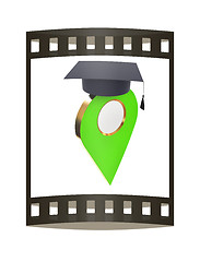 Image showing Geo pin with graduation hat on white. School sign, geolocation a