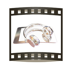 Image showing Smartphone with headphones. Chrome icon. 3d illustration. The fi