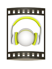 Image showing Headphones with metal ball. 3d illustration. The film strip.