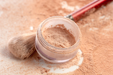 Image showing Close-up of crushed mineral shimmer powder golden color with makeup brush