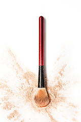 Image showing Close-up of crushed mineral shimmer powder golden color with makeup brush