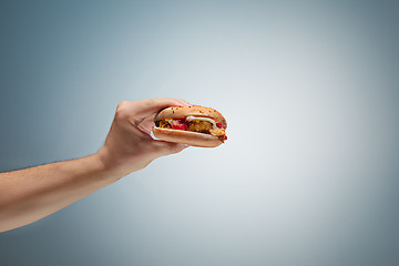 Image showing Male hand holding tasty hamburger