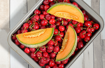 Image showing Honeydew melon and cherry fruits 