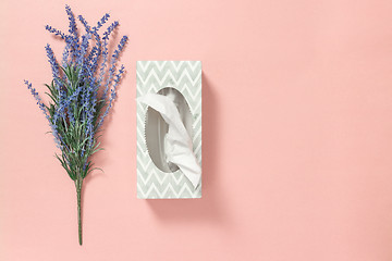 Image showing Tissue box and blue lavender on pink background