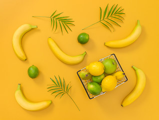 Image showing Bananas, citrus fruits and palm leaves on yellow background
