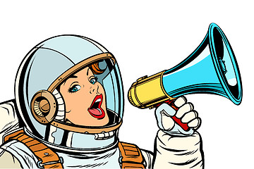 Image showing woman astronaut with megaphone isolate on white background
