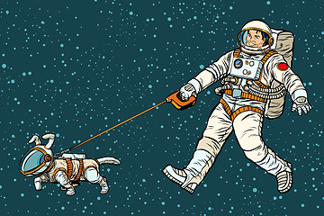 Image showing astronaut walking dog in a space suit