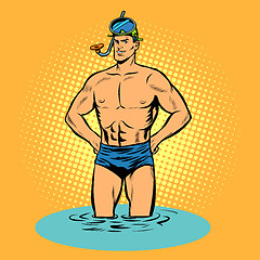 Image showing Swimmer in swimming trunks and mask for scuba diving