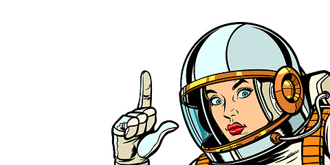 Image showing astronaut woman pointing finger up, isolate on white background