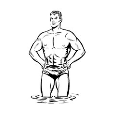 Image showing Man swimmer in swimming trunks. black and white outline