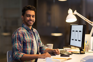 Image showing designer with computer working at night office