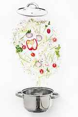 Image showing Assorted fresh vegetables falling into a bowl, on white background