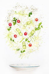 Image showing The salad bowl in flight with vegetables: tomato, cucumber, cabbage on white background