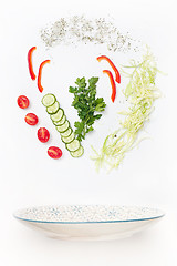 Image showing The salad bowl in flight with vegetables: tomato, cucumber, cabbage on white background