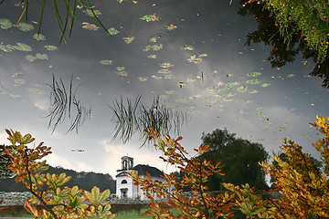 Image showing Church reflection Hørsholm Slotshave in autumn