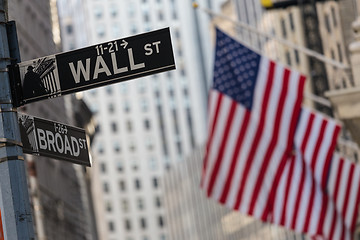 Image showing Wall street sign in New York with American flags and New York Stock Exchange background.