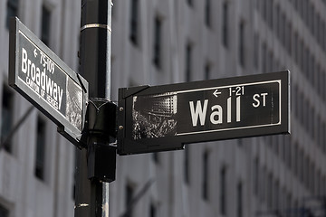 Image showing Street sign in New York Ciy. Walls street and Broadway.