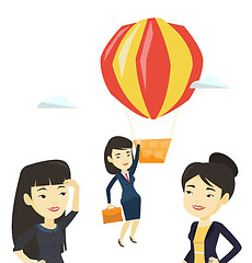 Image showing Business woman hanging on balloon.