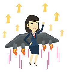 Image showing Business woman flying on the rocket to success.