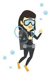 Image showing Woman diving with scuba and showing ok sign.