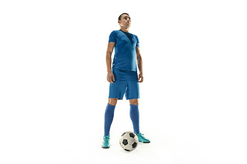 Image showing Professional football soccer player with ball isolated white background