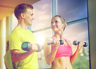 Image showing smiling man and woman with dumbbells in gym