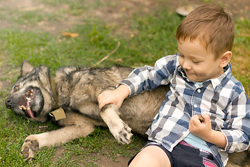 Image showing Boy hugging his dog