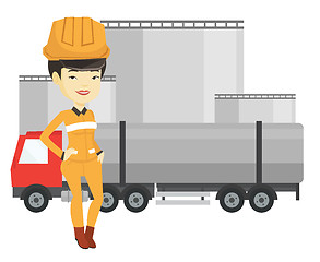 Image showing Worker on background of fuel truck and oil plant.