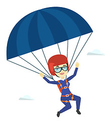 Image showing Young happy woman flying with parachute.