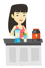 Image showing Young woman making protein cocktail.