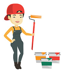 Image showing Painter holding paint roller vector illustration.