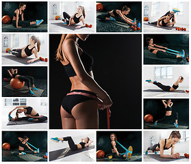 Image showing The collage from images of beautiful slim woman doing some gymnastics at the gym