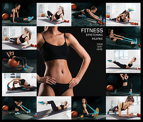 Image showing The collage from images of beautiful slim woman doing some gymnastics at the gym