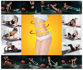 Image showing The collage from images of beautiful slim woman doing some gymnastics at the gym