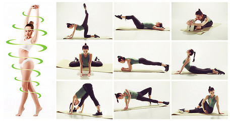 Image showing The collage from images of beautiful slim woman doing some gymnastics at the gym