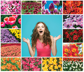 Image showing The collage with happy young woman and the meadow with flowers tulips, outdoors