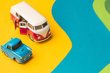 Image showing Vintage miniature car and bus in trendy color, travel concept