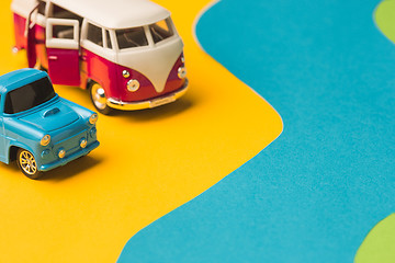 Image showing Vintage miniature car and bus in trendy color, travel concept