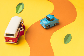 Image showing Vintage miniature car and bus in trendy color, travel concept