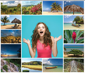 Image showing The collage with happy young woman and views of Costa Rica with Arenal Volcano in the background