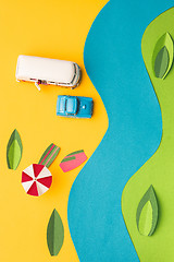 Image showing Vintage miniature car and bus in trendy color, travel concept