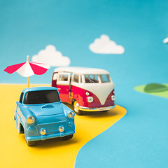 Image showing Vintage miniature car and bus in trendy color, travel concept